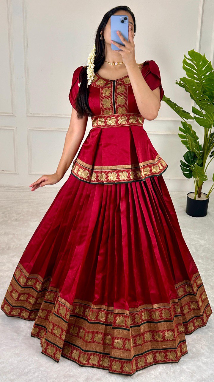 Red Elegant Jequard Silk Lehenga Set