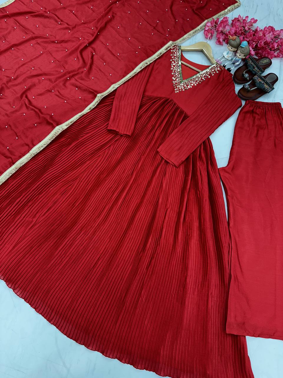 Red Elegant Party Wear Alia Cut Anarkali Gown Set with Dupatta & Bottom
