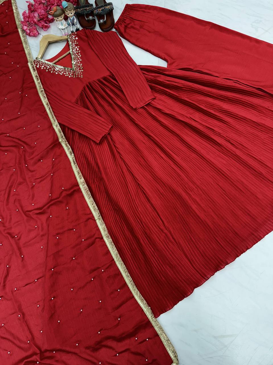 Red Elegant Party Wear Alia Cut Anarkali Gown Set with Dupatta & Bottom