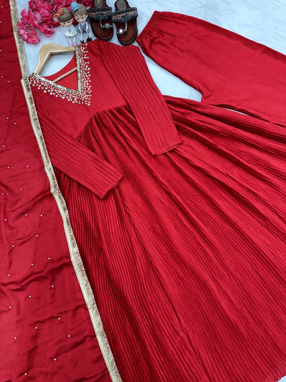 Red Elegant Party Wear Alia Cut Anarkali Gown Set with Dupatta & Bottom