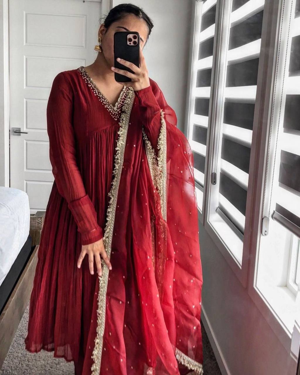 Red Elegant Party Wear Alia Cut Anarkali Gown Set with Dupatta & Bottom