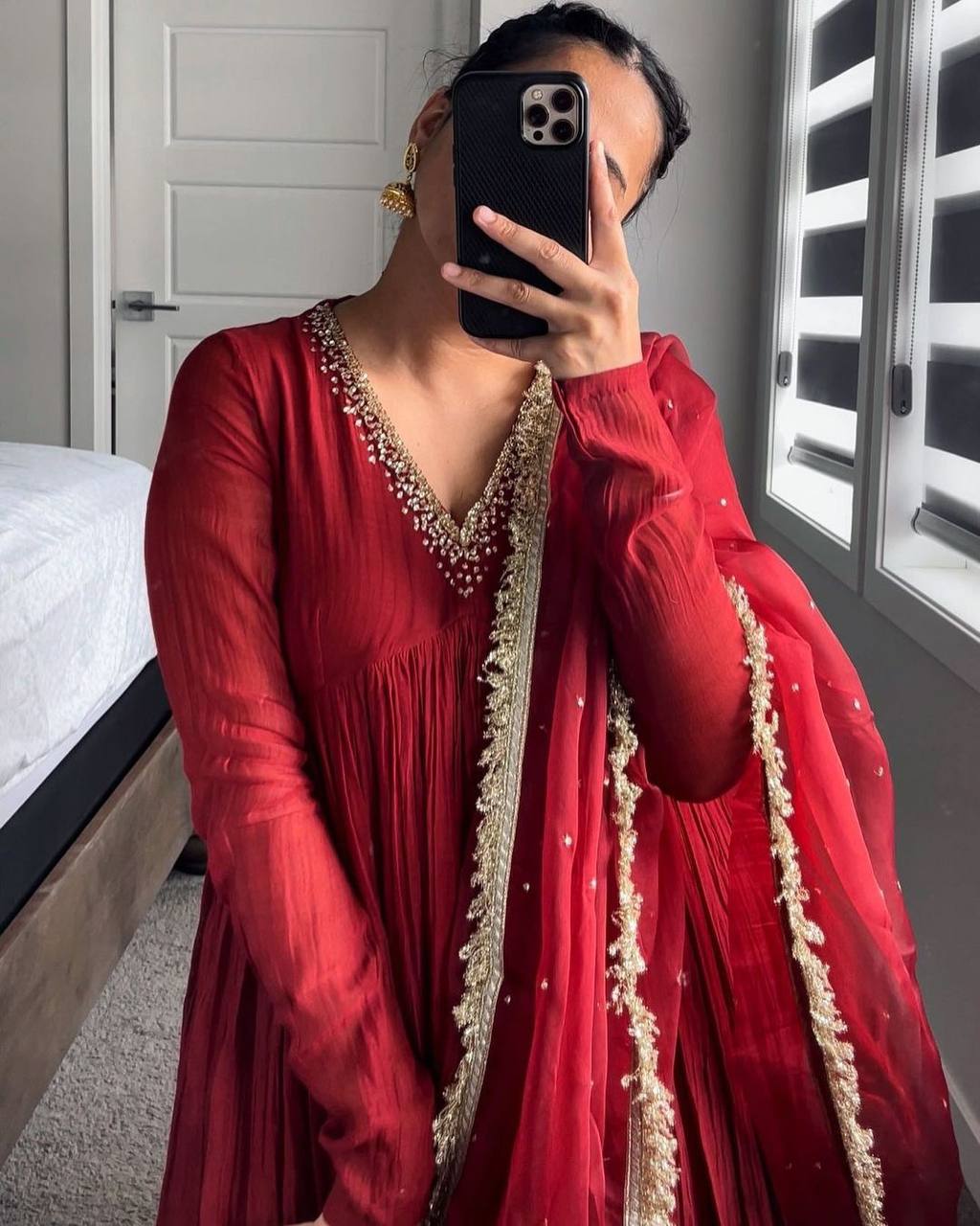 Red Elegant Party Wear Alia Cut Anarkali Gown Set with Dupatta & Bottom