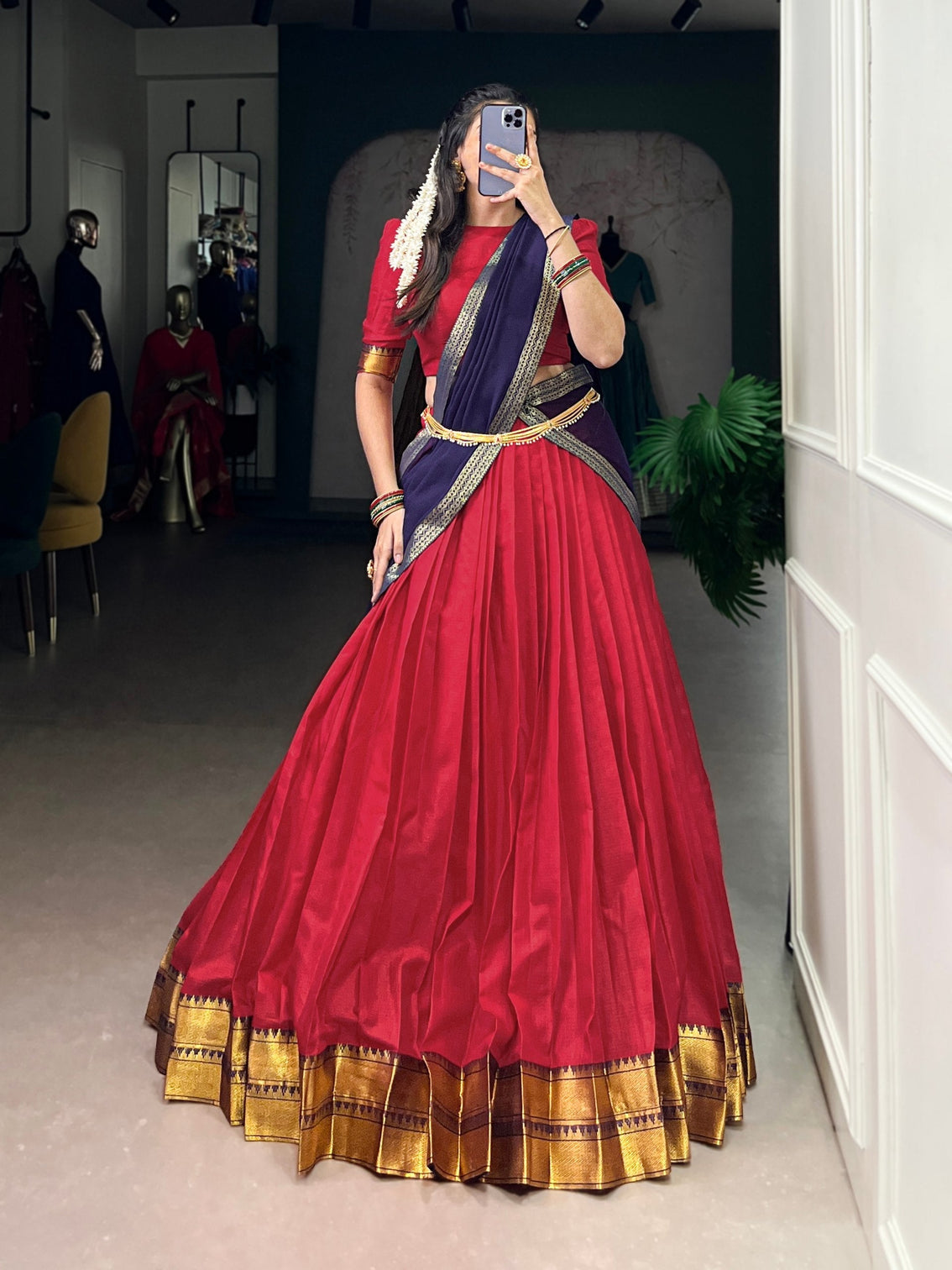 Red Elegant Poly Cotton Zari Weaving Stitched Lehenga Choli with Georgette Lace-Border Dupatta Premium Festive & Wedding Wear