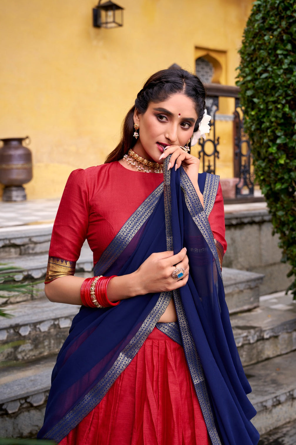 Red Elegant Poly Cotton Zari Weaving Stitched Lehenga Choli with Georgette Lace-Border Dupatta Premium Festive & Wedding Wear
