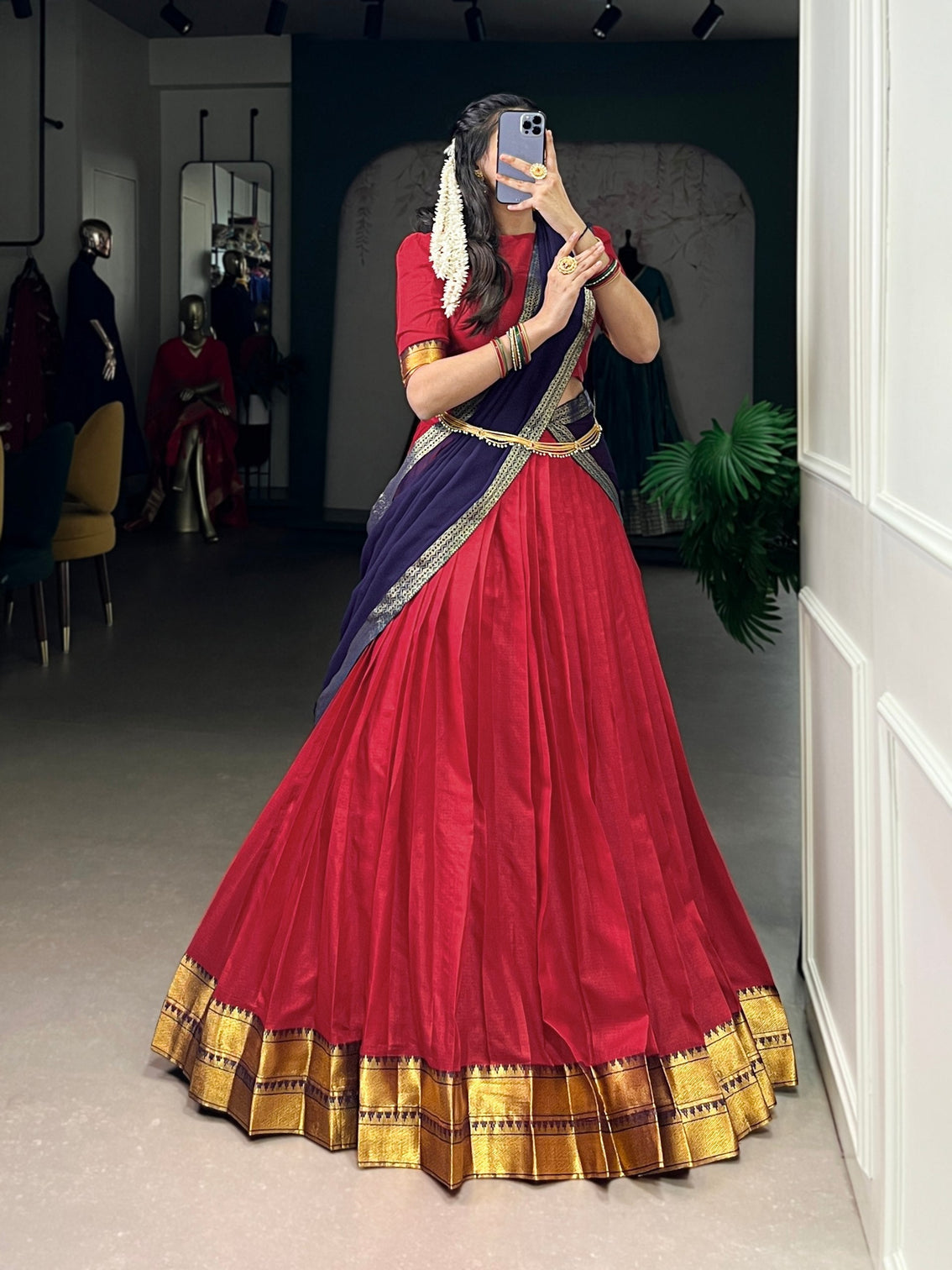Red Elegant Poly Cotton Zari Weaving Stitched Lehenga Choli with Georgette Lace-Border Dupatta Premium Festive & Wedding Wear