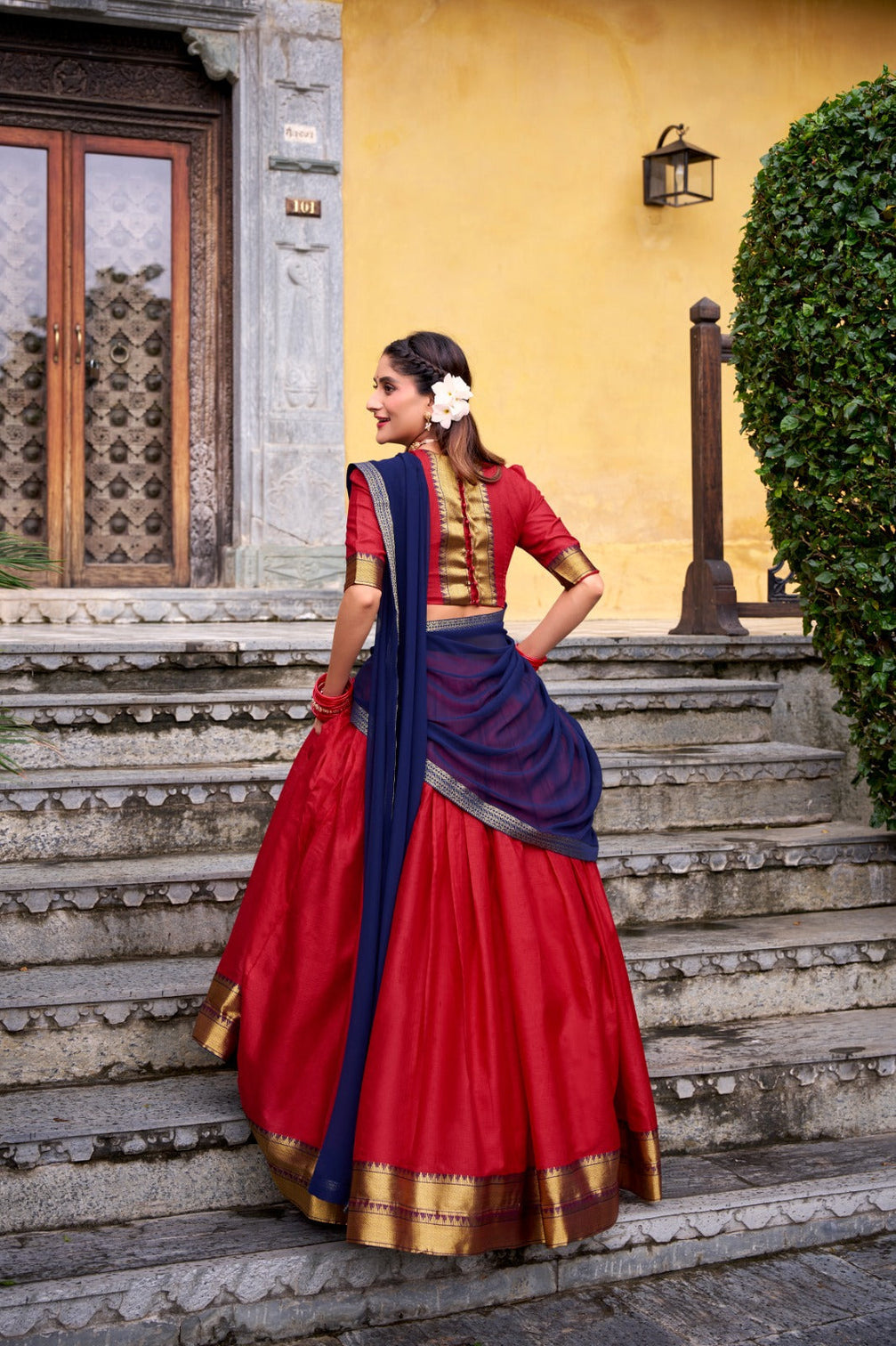 Red Elegant Poly Cotton Zari Weaving Stitched Lehenga Choli with Georgette Lace-Border Dupatta Premium Festive & Wedding Wear