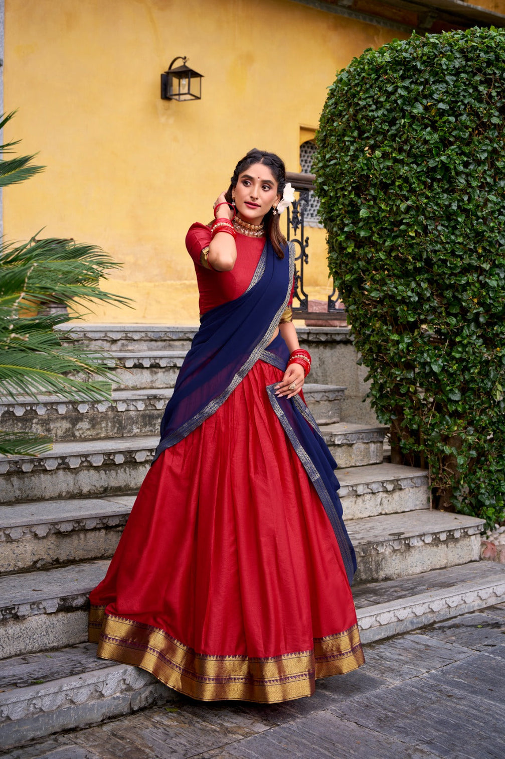 Red Elegant Poly Cotton Zari Weaving Stitched Lehenga Choli with Georgette Lace-Border Dupatta Premium Festive & Wedding Wear