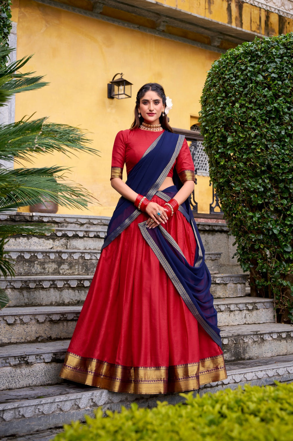 Red Elegant Poly Cotton Zari Weaving Stitched Lehenga Choli with Georgette Lace-Border Dupatta Premium Festive & Wedding Wear