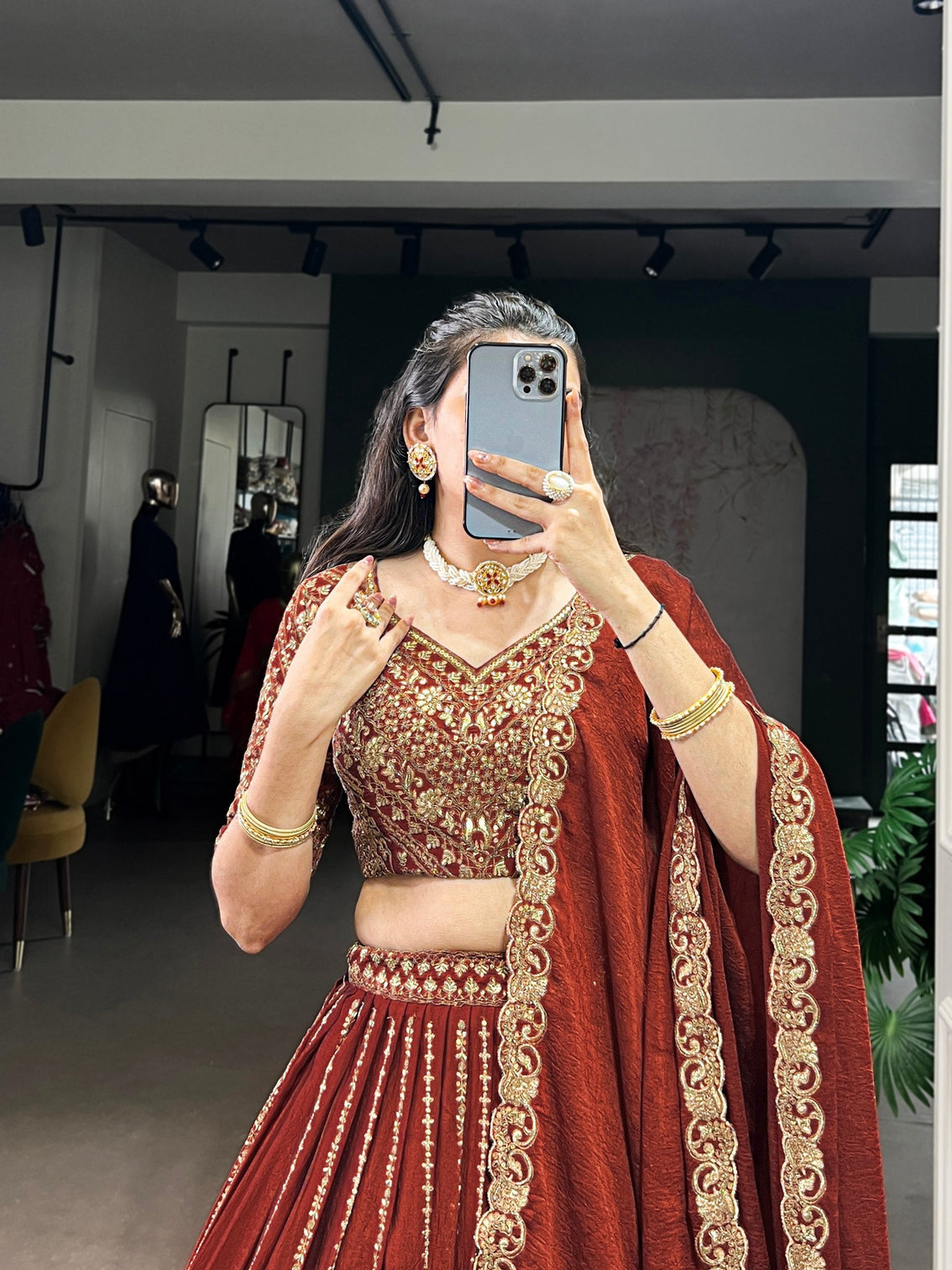 Red Elegant Rangoli Crush Lehenga with Sequins & Thread Embroidery, Matching Blouse & Dupatta