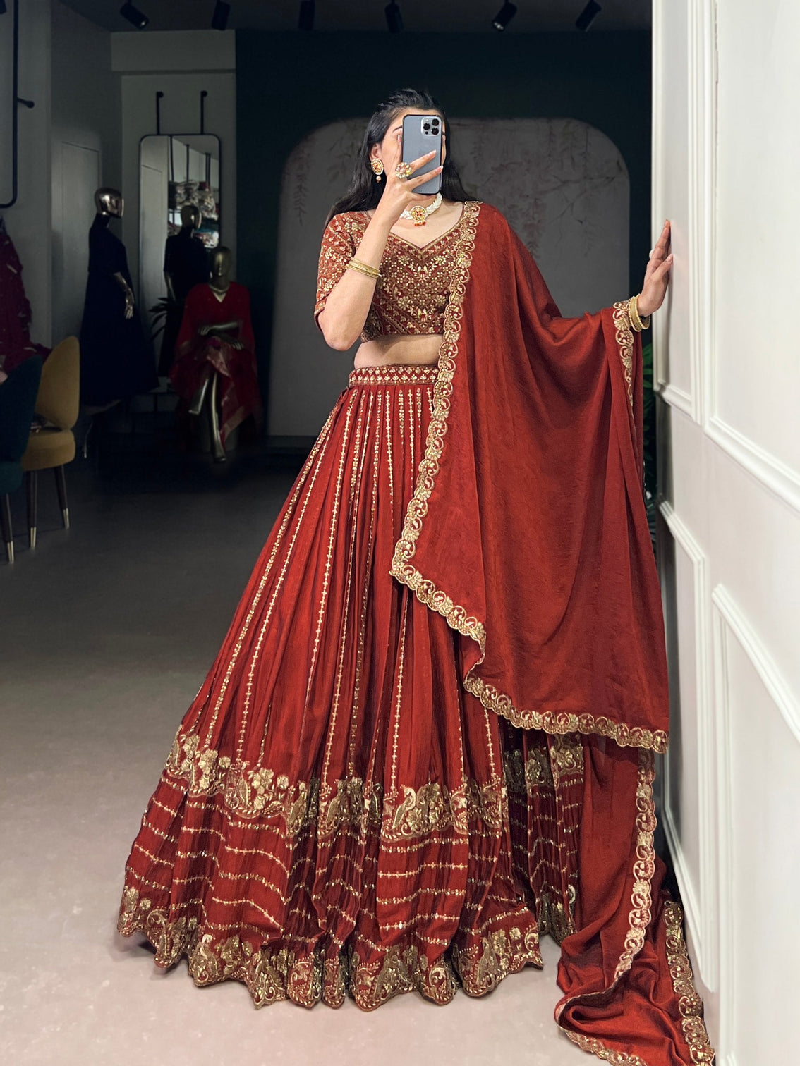 Red Elegant Rangoli Crush Lehenga with Sequins & Thread Embroidery, Matching Blouse & Dupatta