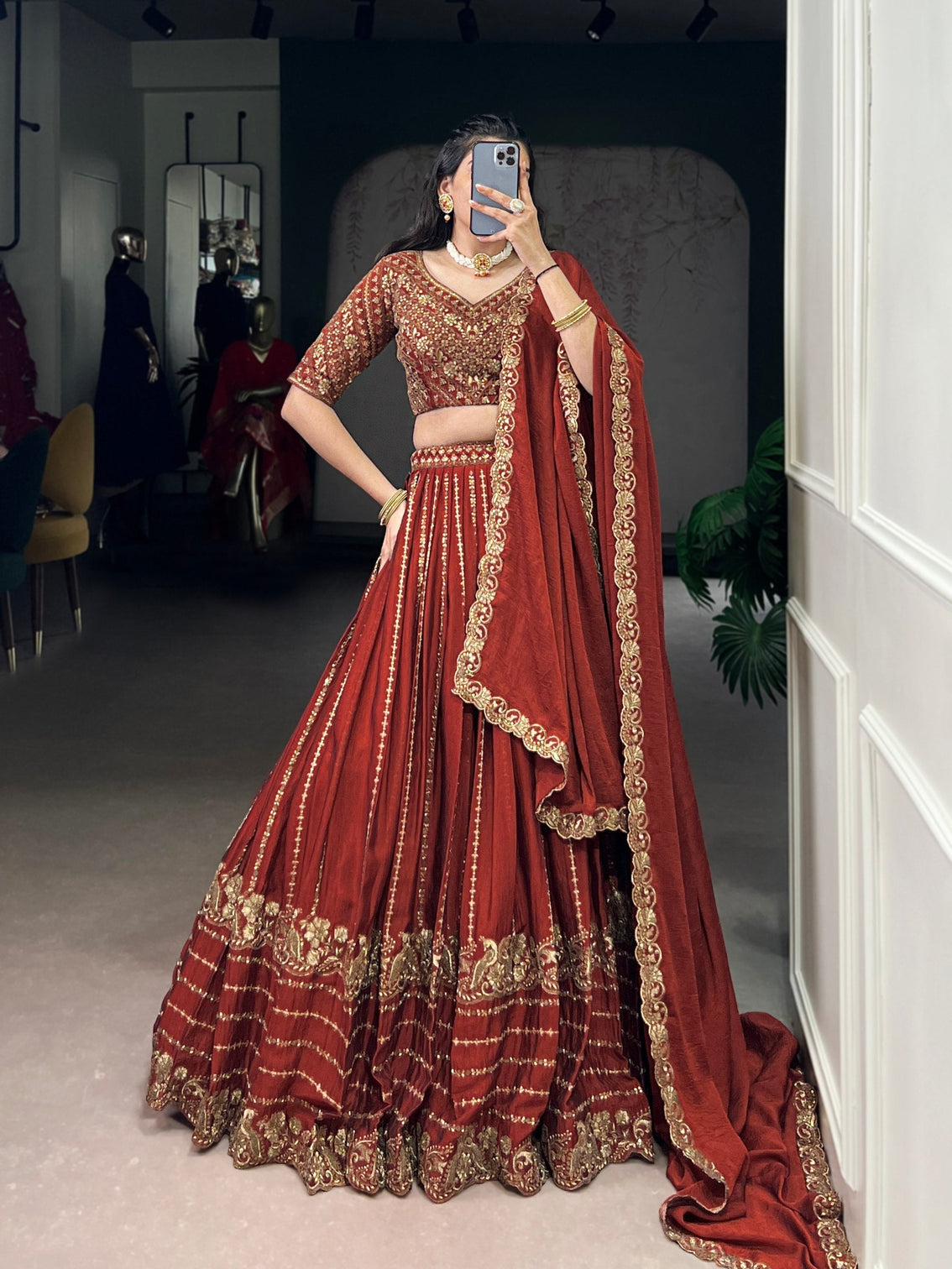 Red Elegant Rangoli Crush Lehenga with Sequins & Thread Embroidery, Matching Blouse & Dupatta