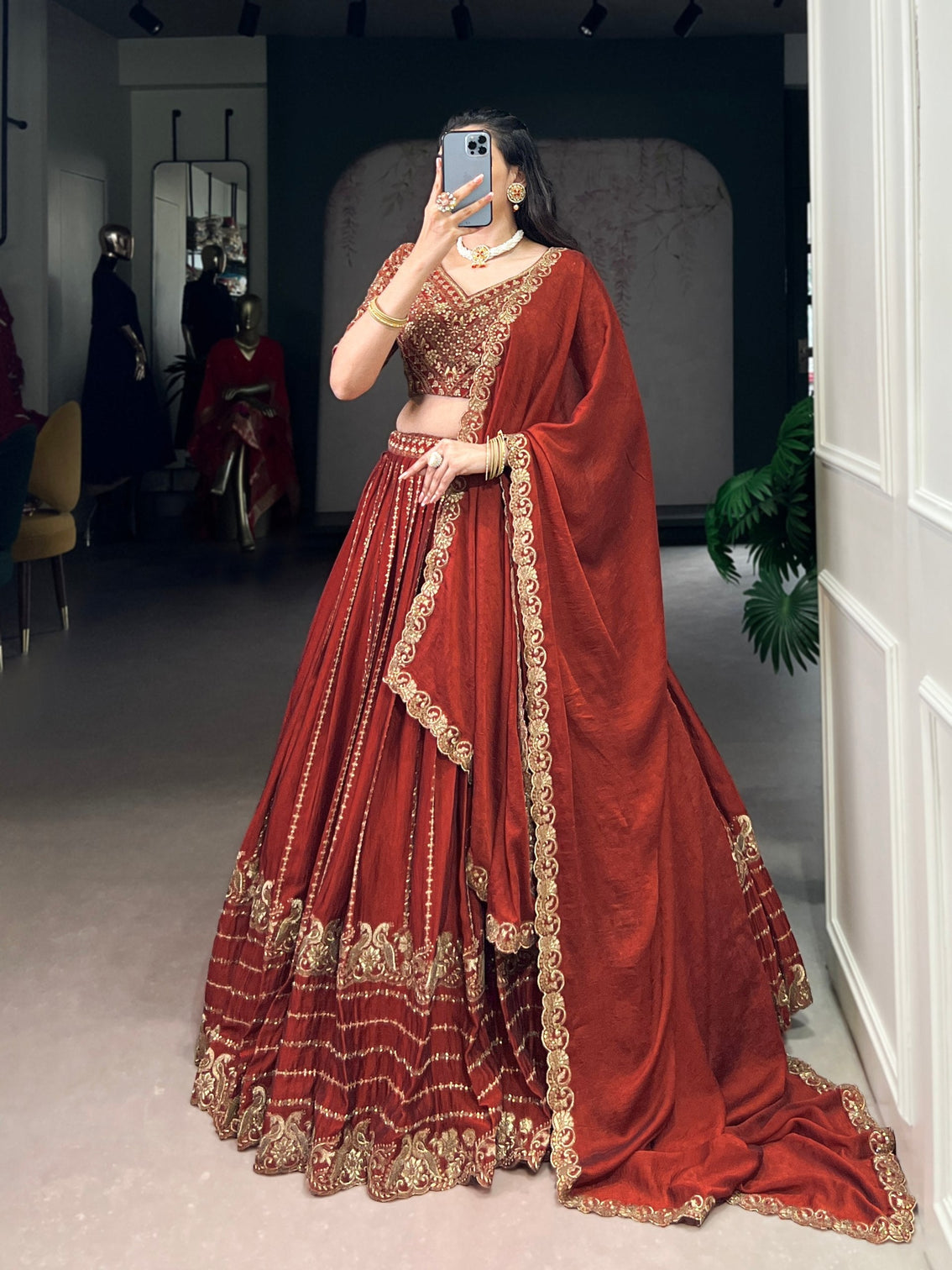 Red Elegant Rangoli Crush Lehenga with Sequins & Thread Embroidery, Matching Blouse & Dupatta