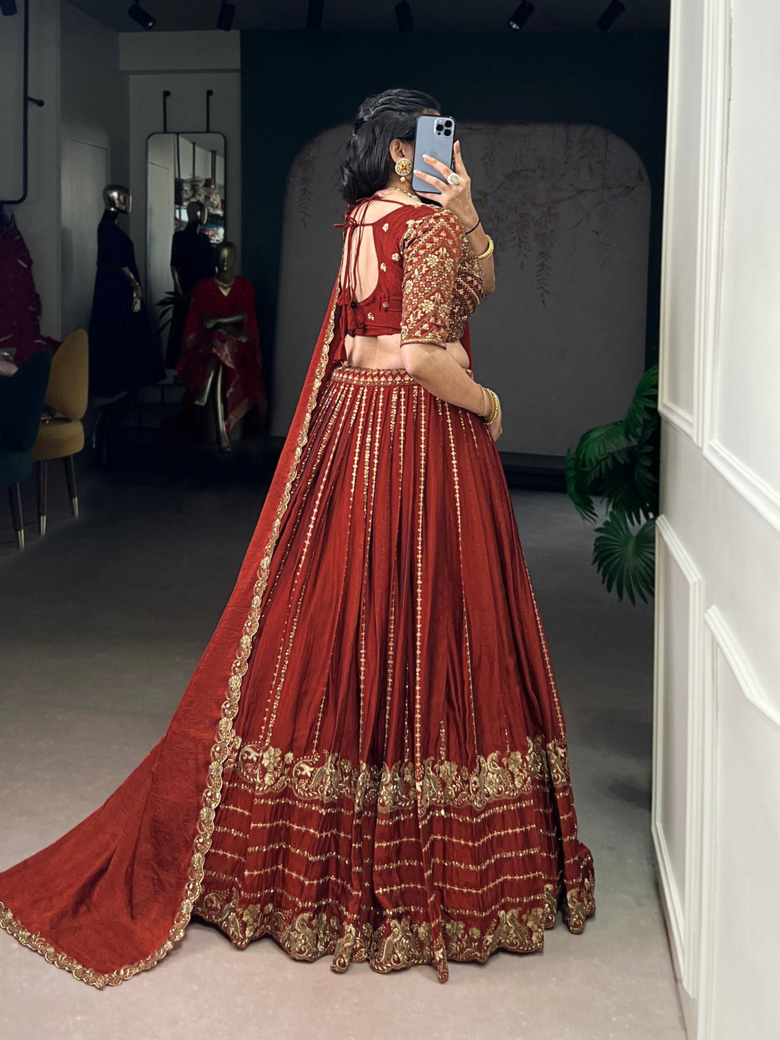 Red Elegant Rangoli Crush Lehenga with Sequins & Thread Embroidery, Matching Blouse & Dupatta