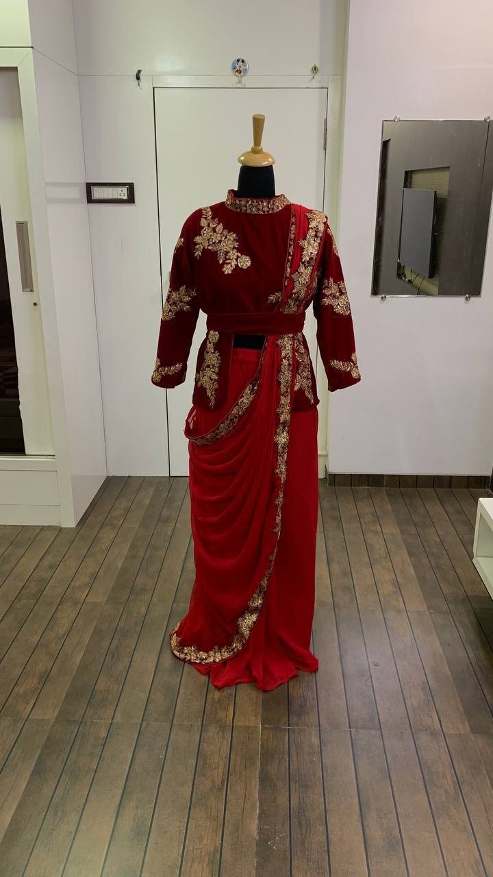Red Elegant Ready-to-Wear Georgette Saree with Velvet Blouse - Sequins, Dori & Zari Work