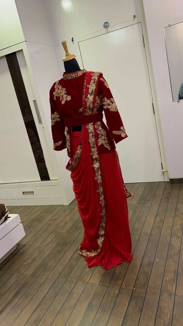 Red Elegant Ready-to-Wear Georgette Saree with Velvet Blouse - Sequins, Dori & Zari Work