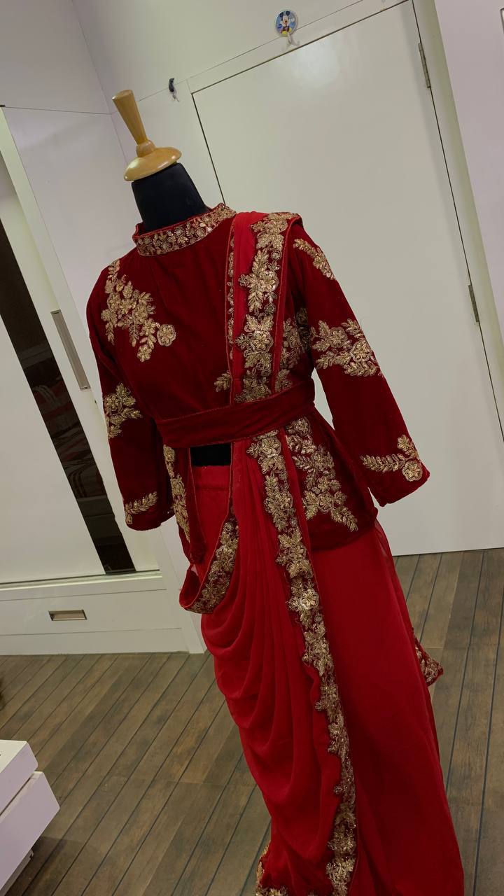 Red Elegant Ready-to-Wear Georgette Saree with Velvet Blouse - Sequins, Dori & Zari Work