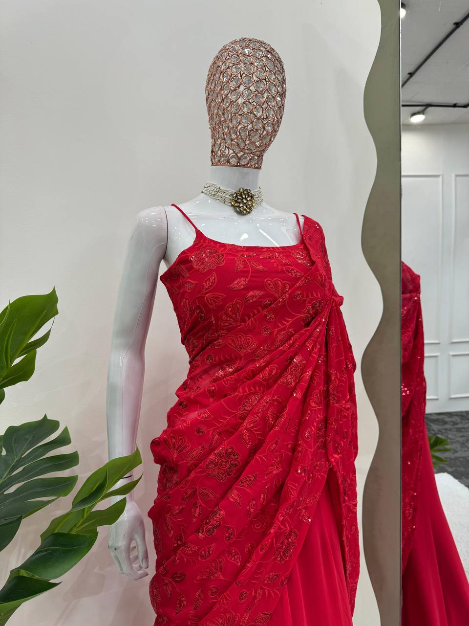 Red Elegant Ready-to-Wear Lehenga Saree – Faux Georgette with Thread & Sequin Work