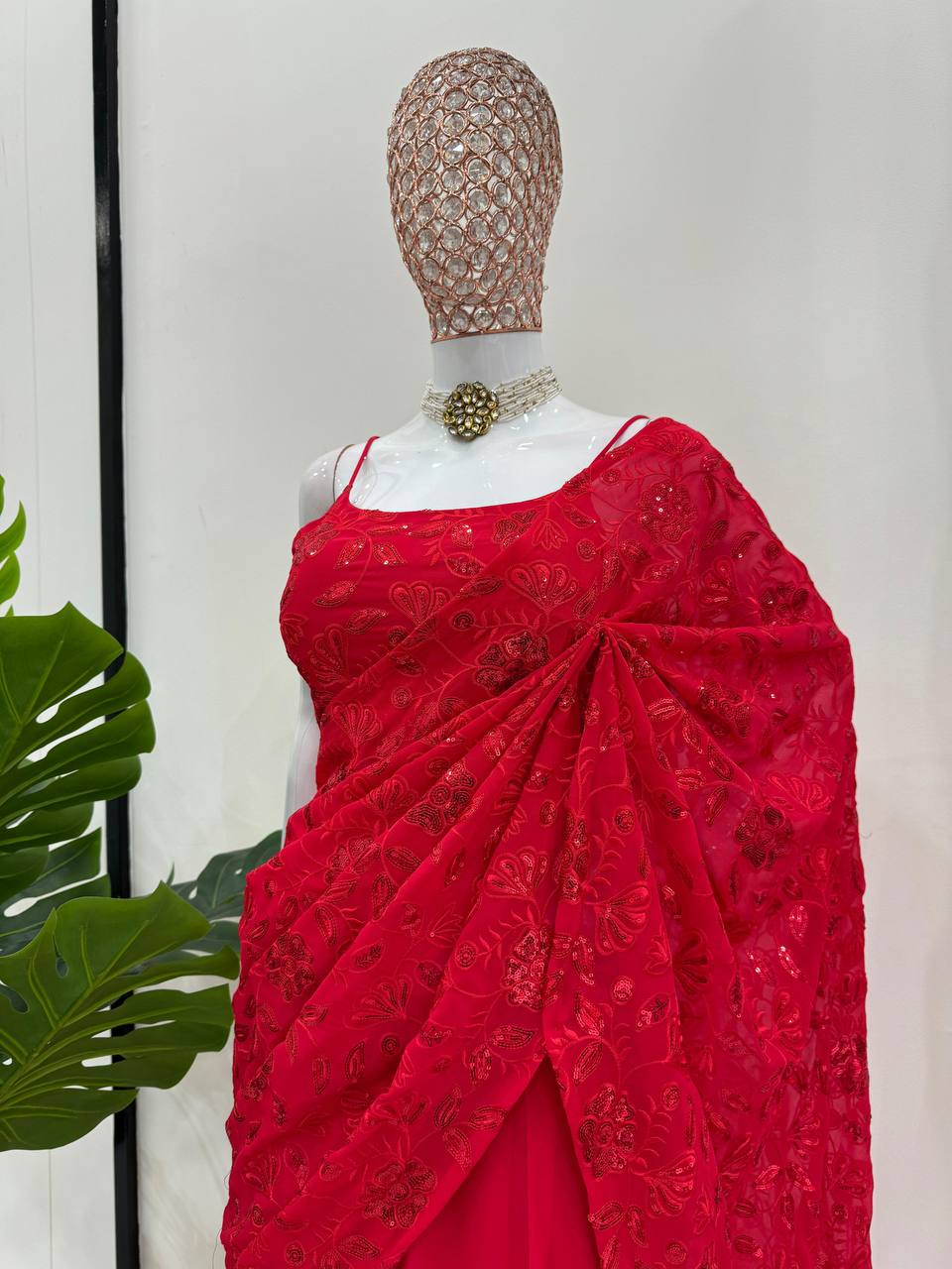 Red Elegant Ready-to-Wear Lehenga Saree – Faux Georgette with Thread & Sequin Work