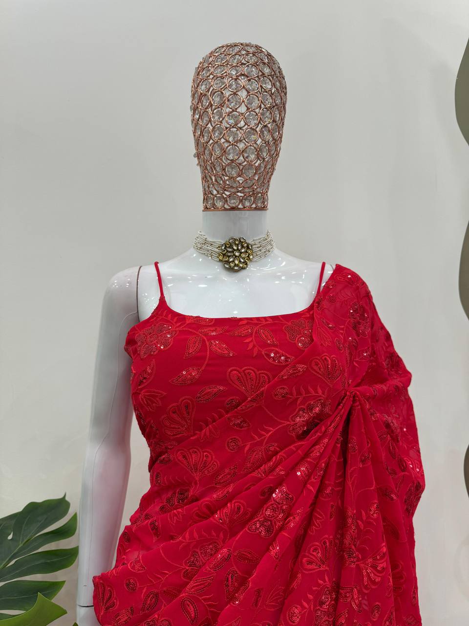 Red Elegant Ready-to-Wear Lehenga Saree – Faux Georgette with Thread & Sequin Work