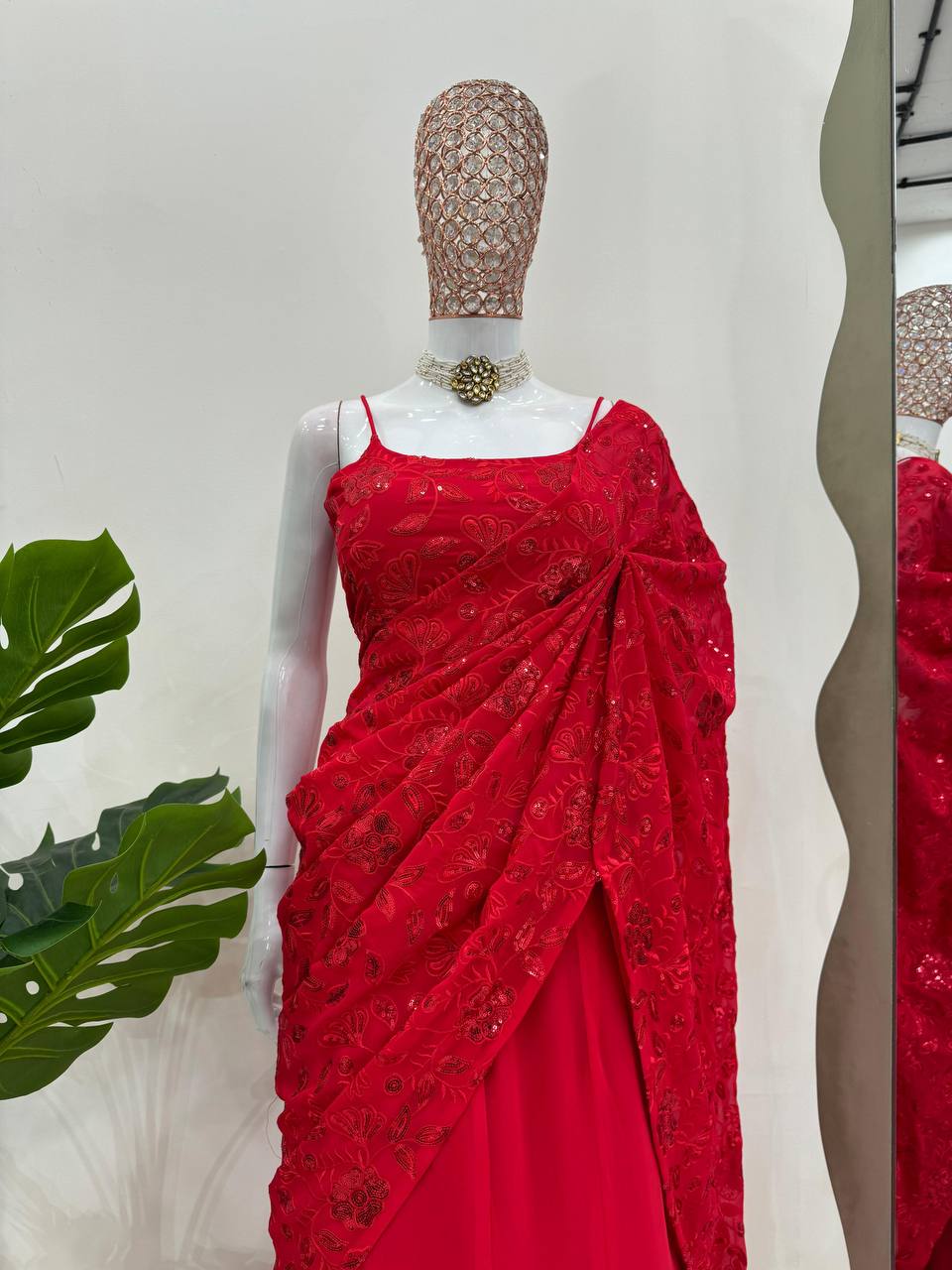 Red Elegant Ready-to-Wear Lehenga Saree – Faux Georgette with Thread & Sequin Work