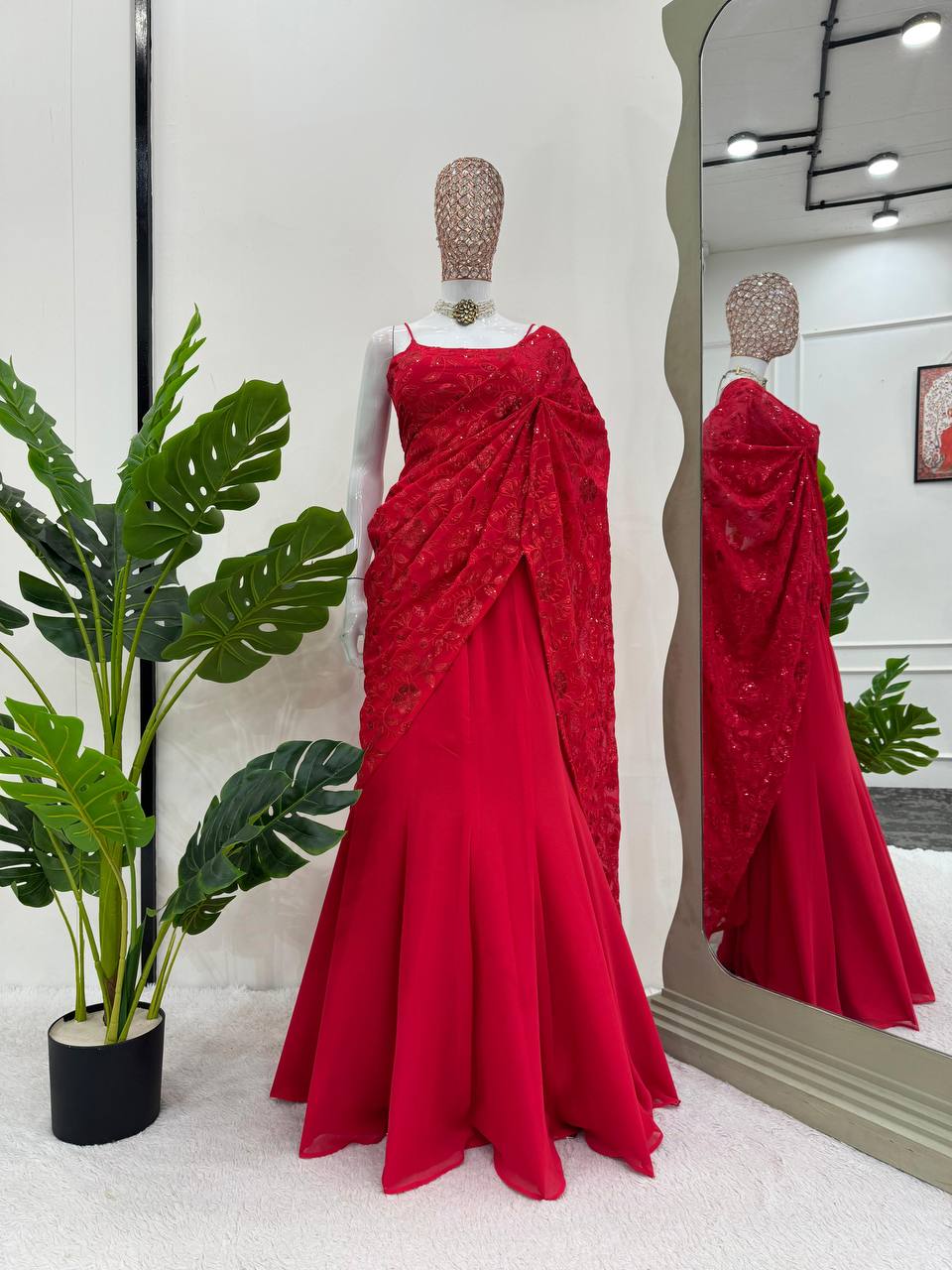Red Elegant Ready-to-Wear Lehenga Saree – Faux Georgette with Thread & Sequin Work