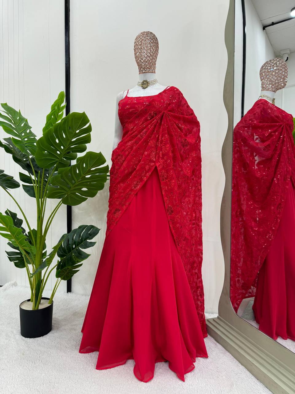 Red Elegant Ready-to-Wear Lehenga Saree – Faux Georgette with Thread & Sequin Work