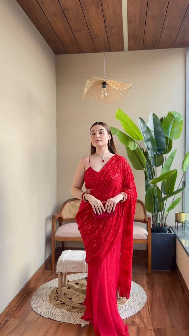 Red Elegant Ready-to-Wear Lehenga Saree – Faux Georgette with Thread & Sequin Work