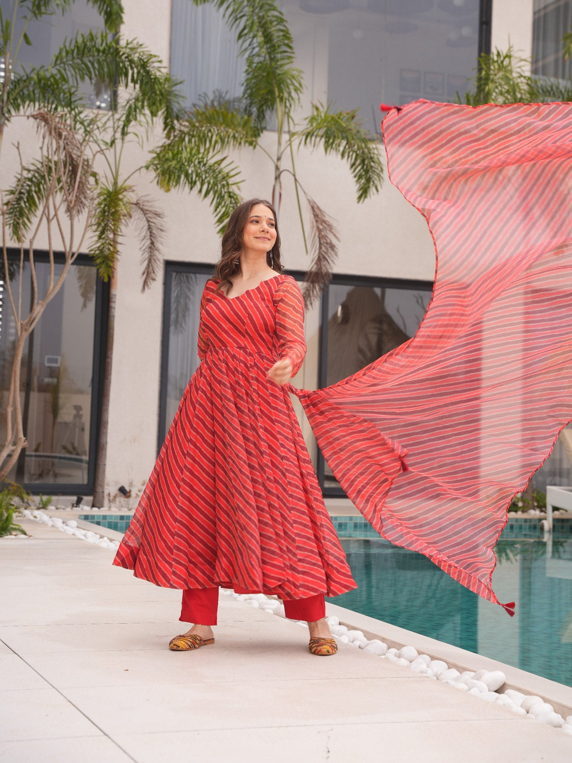Red Elegant Tabby Organza Top with Laheriya Print, Crape Bottom & Matching Dupatta