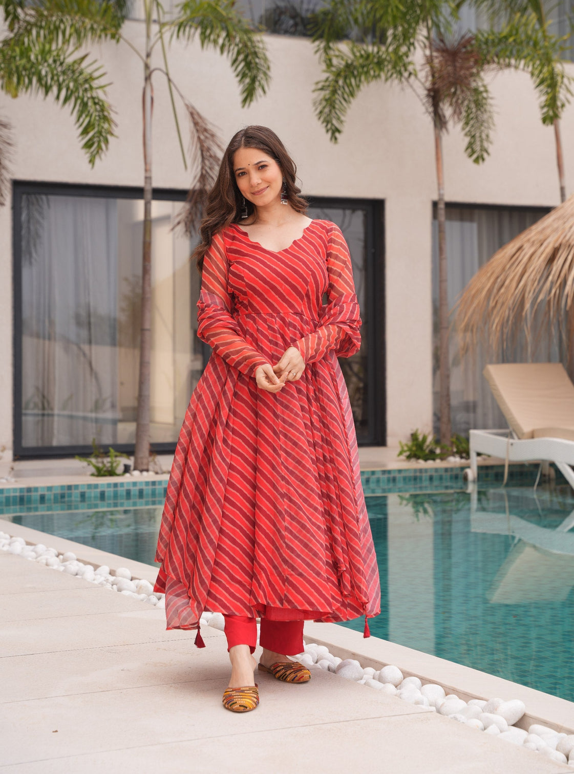 Red Elegant Tabby Organza Top with Laheriya Print, Crape Bottom & Matching Dupatta