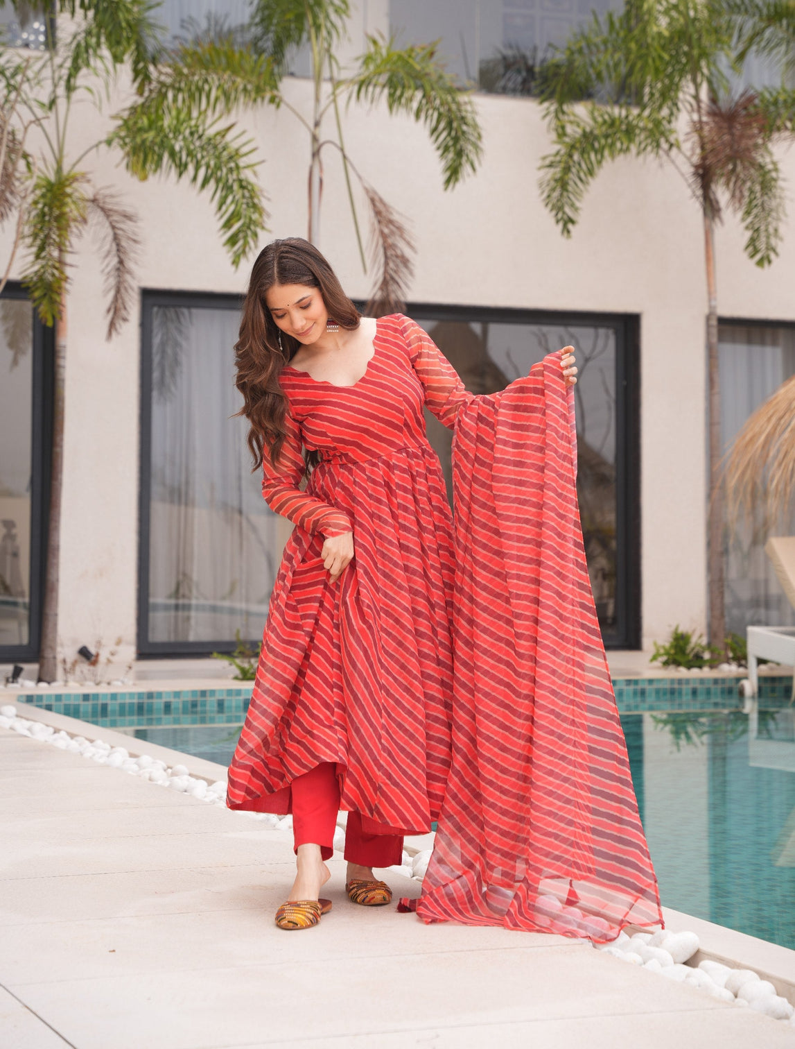 Red Elegant Tabby Organza Top with Laheriya Print, Crape Bottom & Matching Dupatta