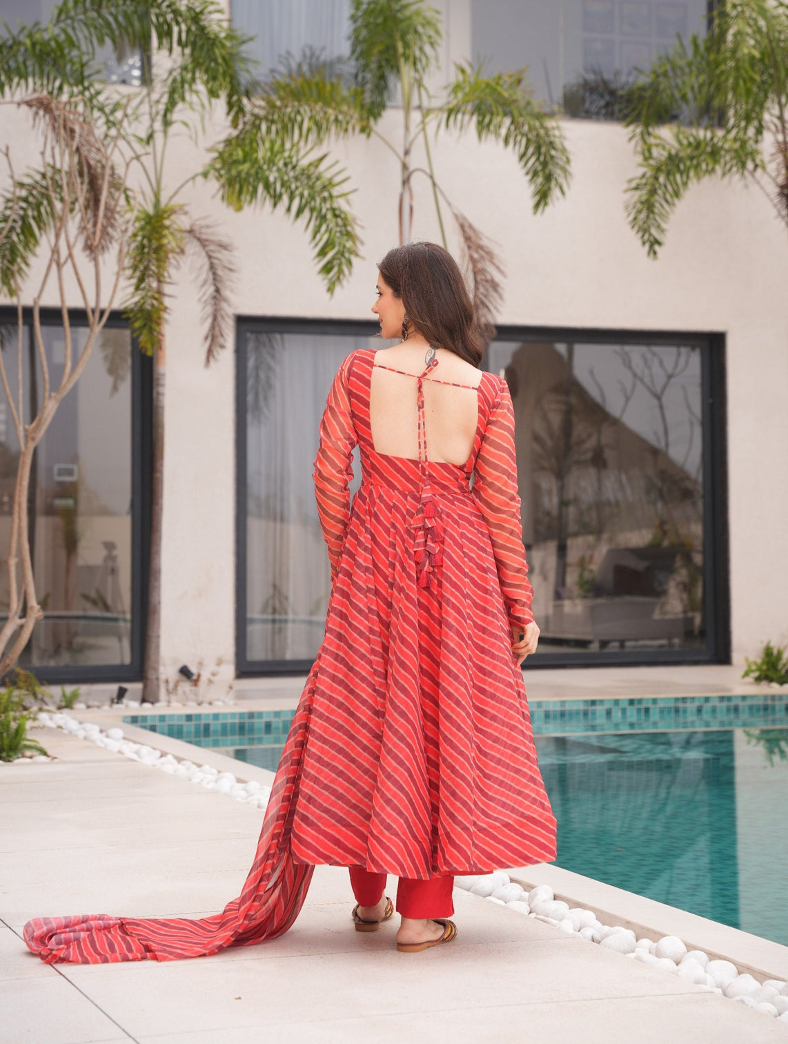 Red Elegant Tabby Organza Top with Laheriya Print, Crape Bottom & Matching Dupatta