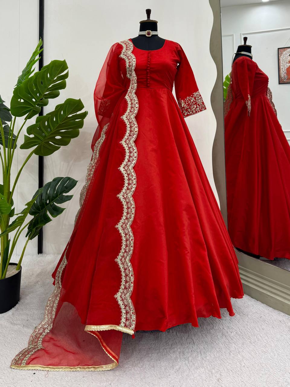 Red Elegant Tapeta Silk Gown with Embroidered Butterfly Net Dupatta