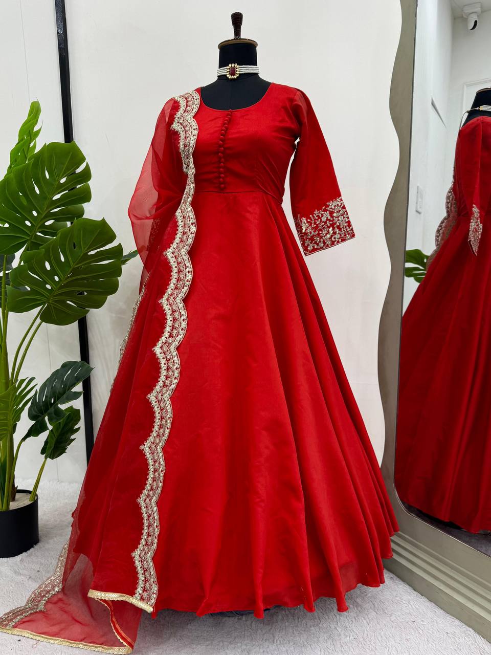 Red Elegant Tapeta Silk Gown with Embroidered Butterfly Net Dupatta