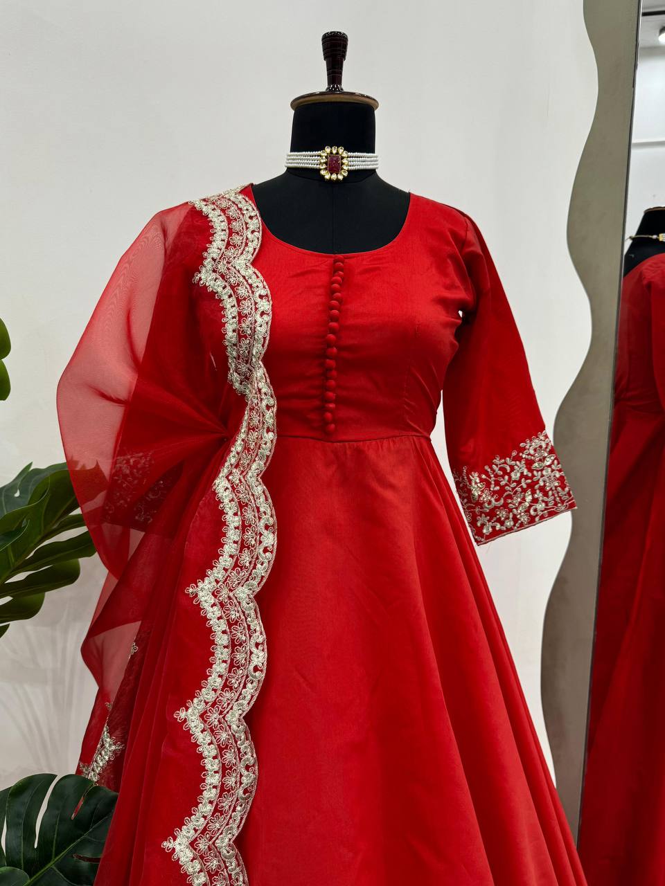 Red Elegant Tapeta Silk Gown with Embroidered Butterfly Net Dupatta