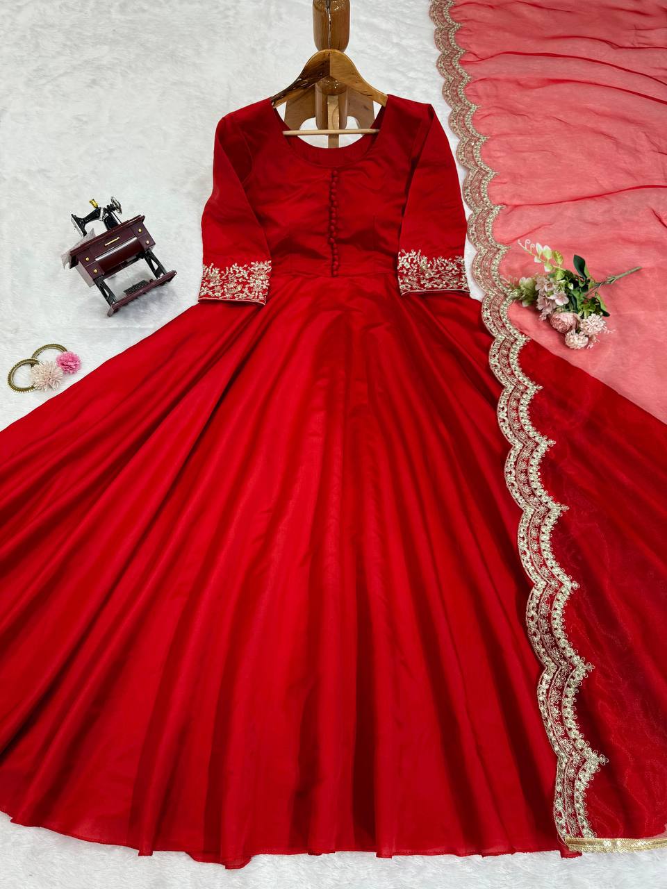 Red Elegant Tapeta Silk Gown with Embroidered Butterfly Net Dupatta