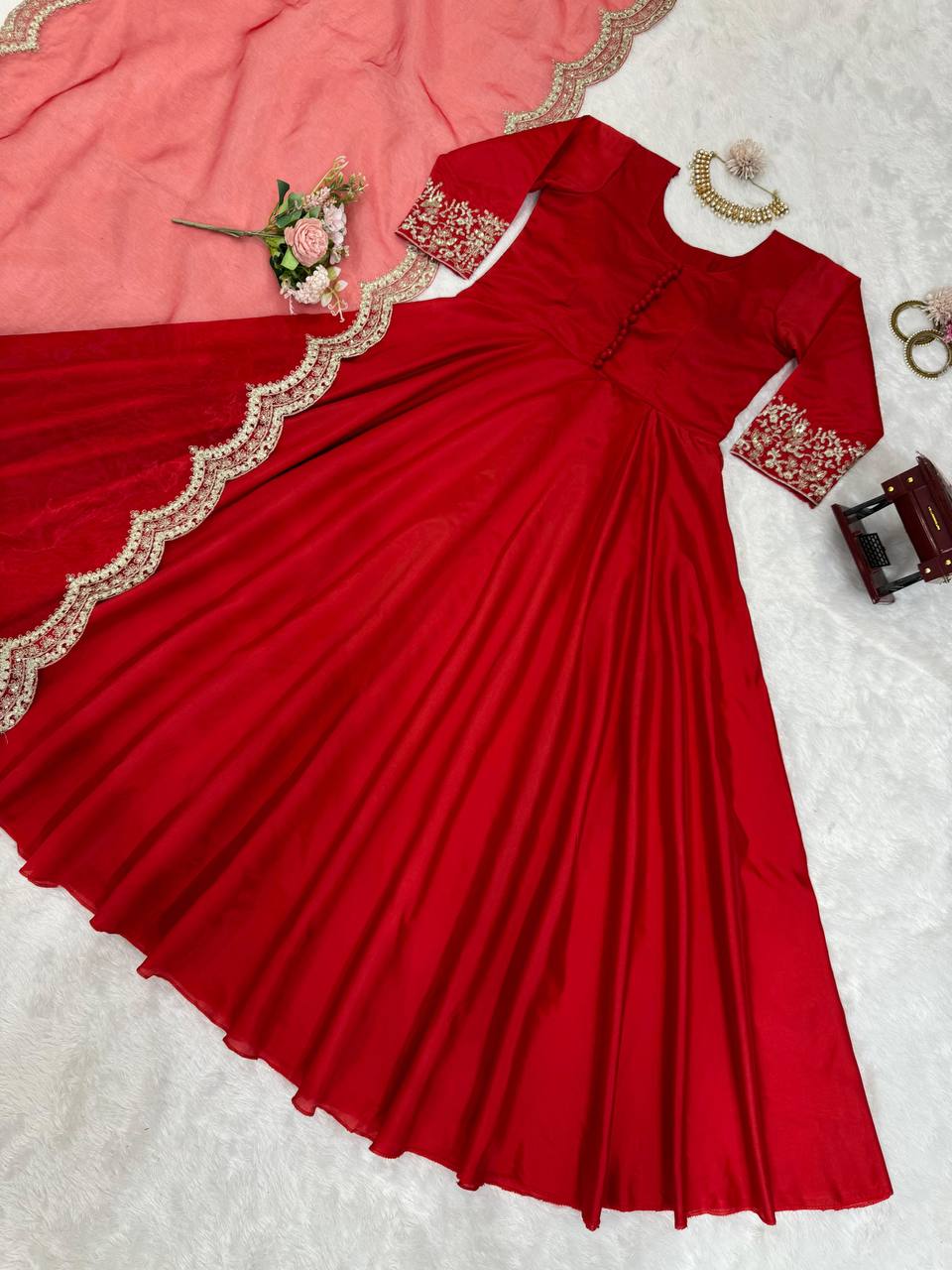 Red Elegant Tapeta Silk Gown with Embroidered Butterfly Net Dupatta