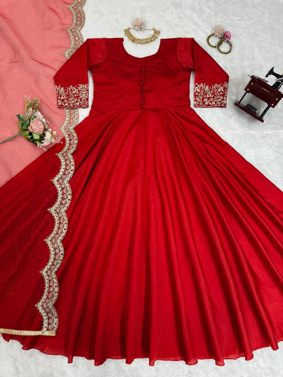 Red Elegant Tapeta Silk Gown with Embroidered Butterfly Net Dupatta