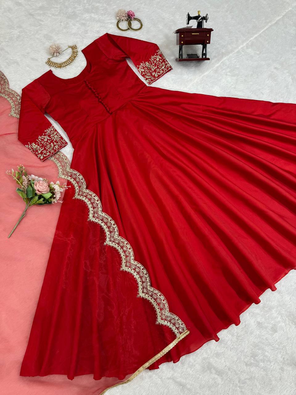Red Elegant Tapeta Silk Gown with Embroidered Butterfly Net Dupatta
