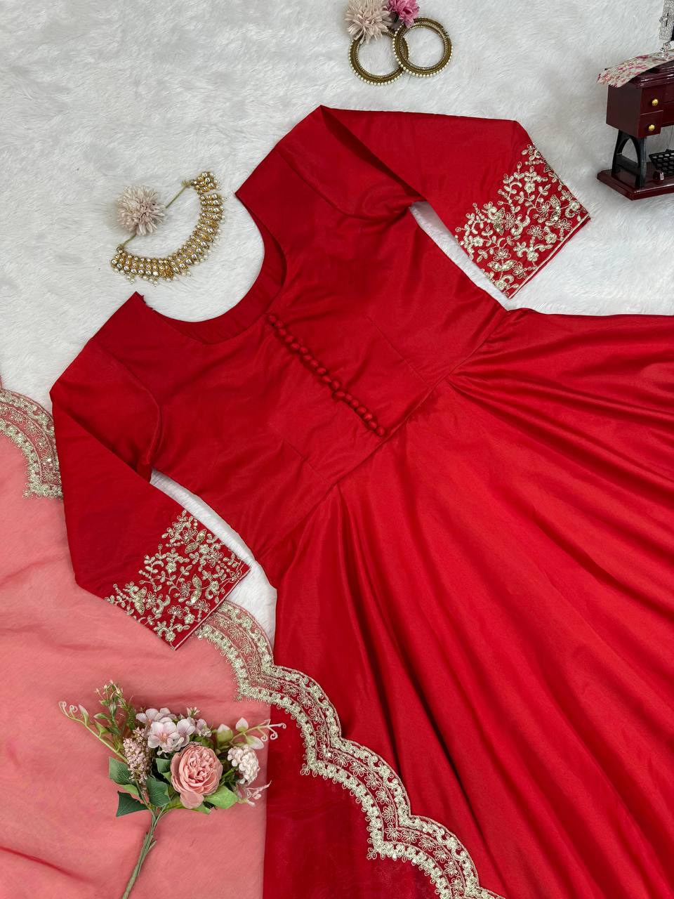 Red Elegant Tapeta Silk Gown with Embroidered Butterfly Net Dupatta