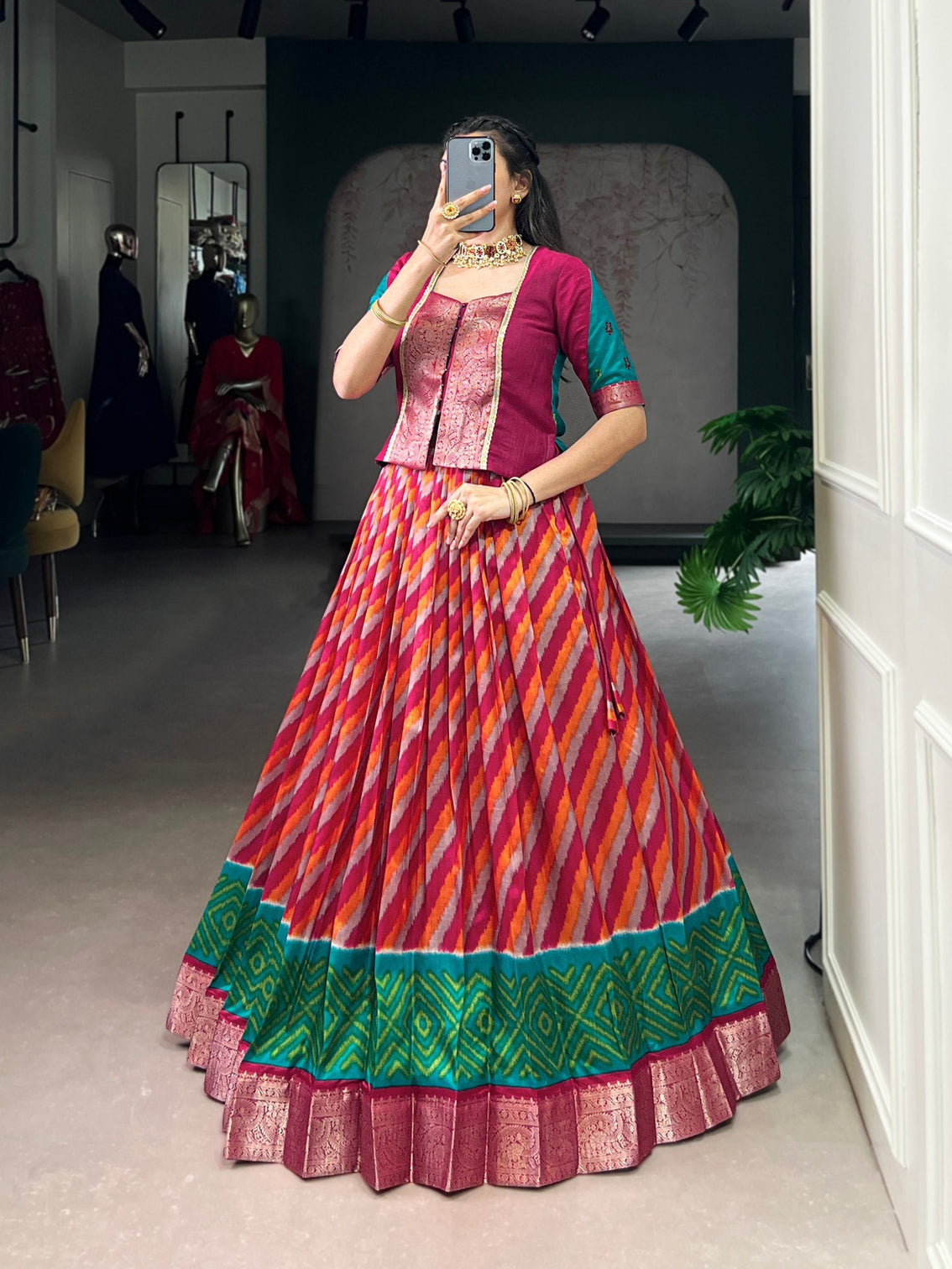 Red Elegant Tasar Silk Lehenga with Leheriya Print & Zari Work – Stitched Lehenga with Vichitra Silk Blouse