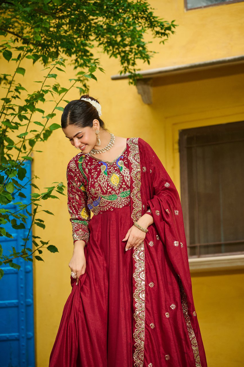 Red Elegant Vichitra Fabric Gown with Multi-Thread & Zari Embroidery – 12 Kali Stitch, Full Sleeves
