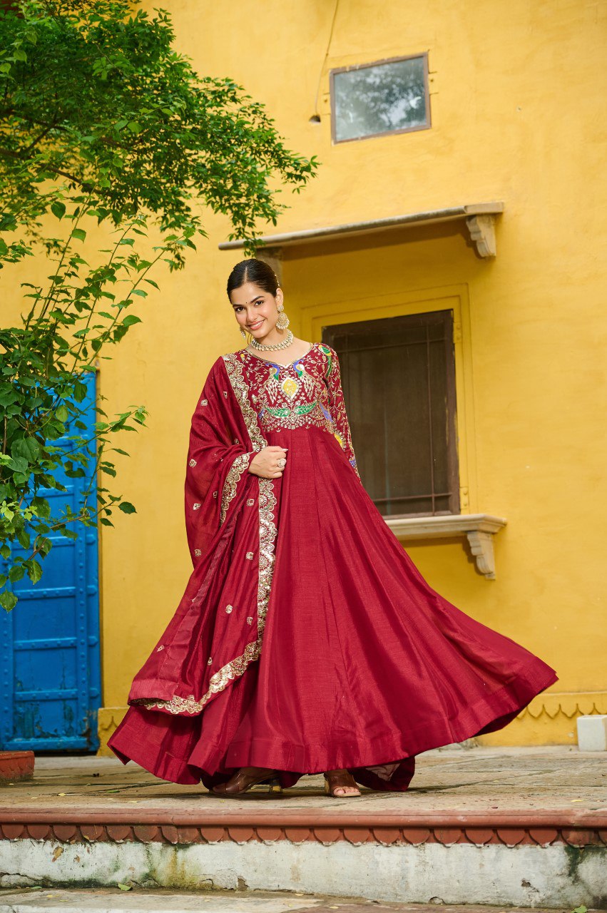 Red Elegant Vichitra Fabric Gown with Multi-Thread & Zari Embroidery – 12 Kali Stitch, Full Sleeves