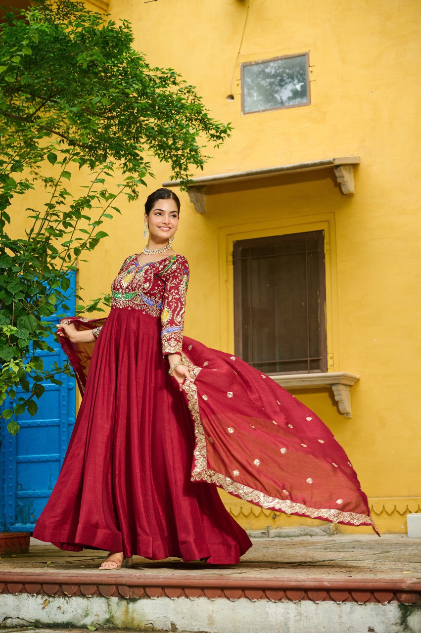 Red Elegant Vichitra Fabric Gown with Multi-Thread & Zari Embroidery – 12 Kali Stitch, Full Sleeves