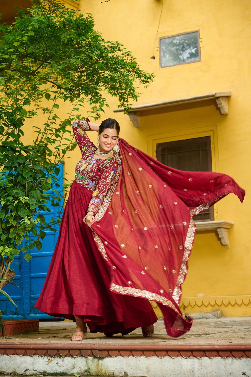Red Elegant Vichitra Fabric Gown with Multi-Thread & Zari Embroidery – 12 Kali Stitch, Full Sleeves