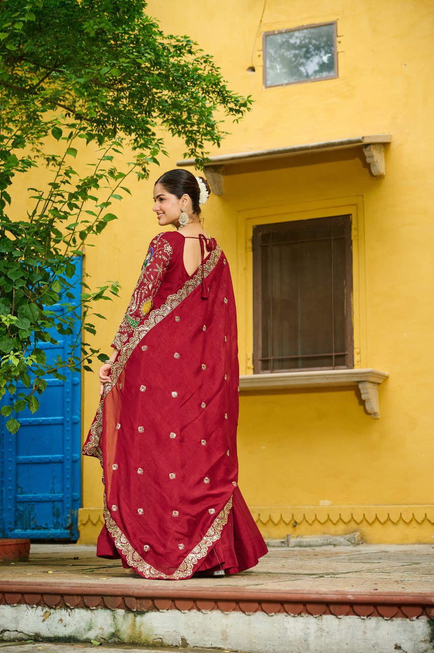 Red Elegant Vichitra Fabric Gown with Multi-Thread & Zari Embroidery – 12 Kali Stitch, Full Sleeves