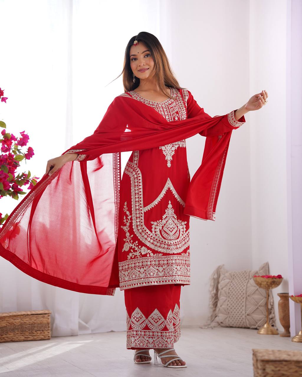 Red Elegant Vichitra Silk Embroidered Kurta Set