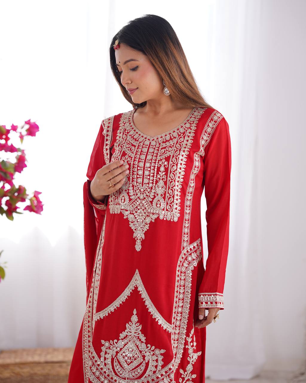 Red Elegant Vichitra Silk Embroidered Kurta Set