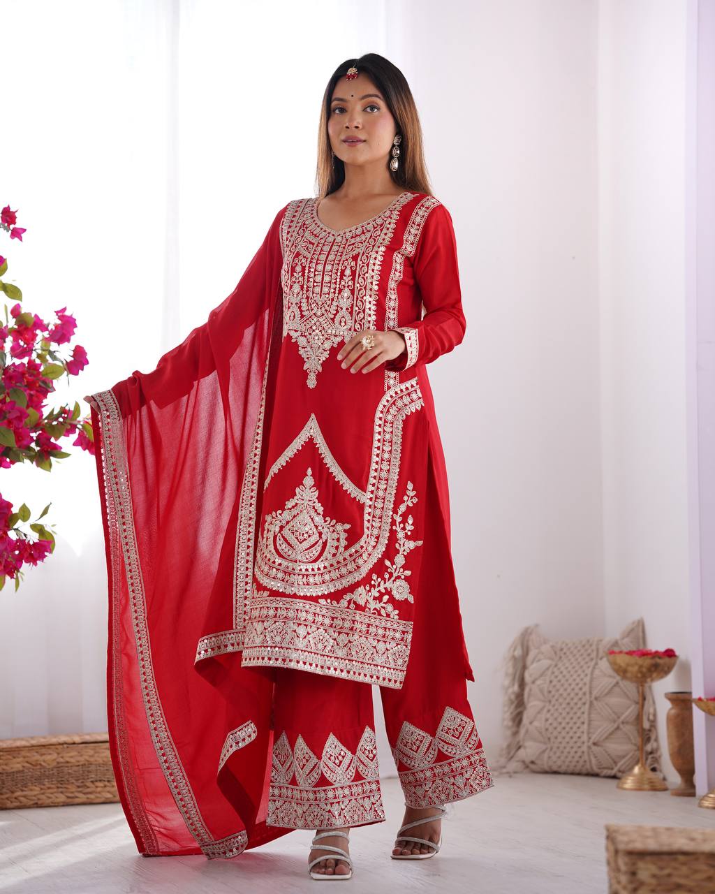 Red Elegant Vichitra Silk Embroidered Kurta Set