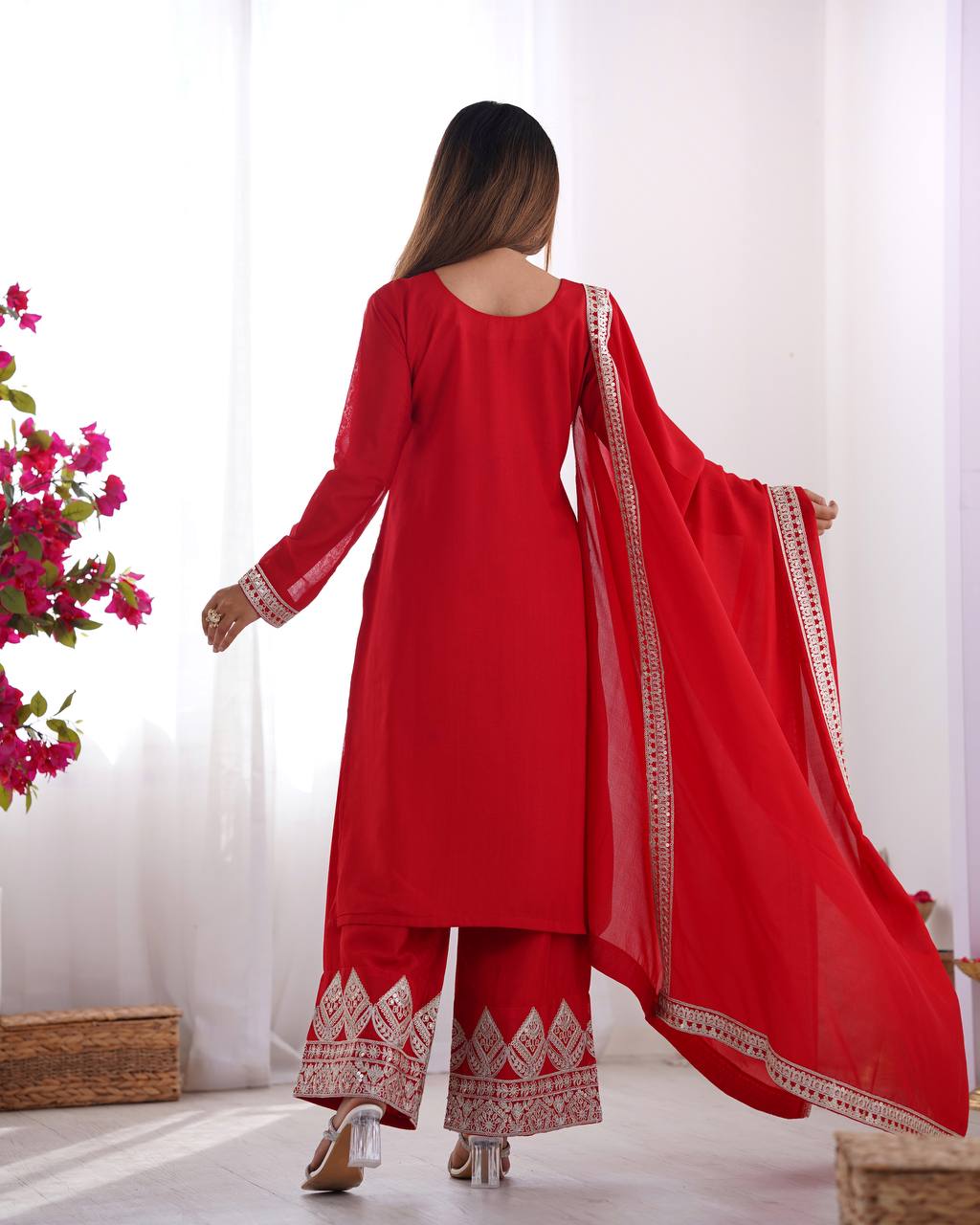 Red Elegant Vichitra Silk Embroidered Kurta Set