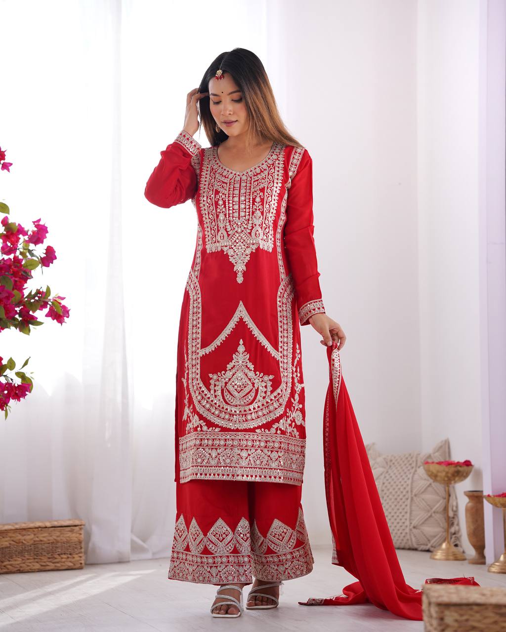 Red Elegant Vichitra Silk Embroidered Kurta Set